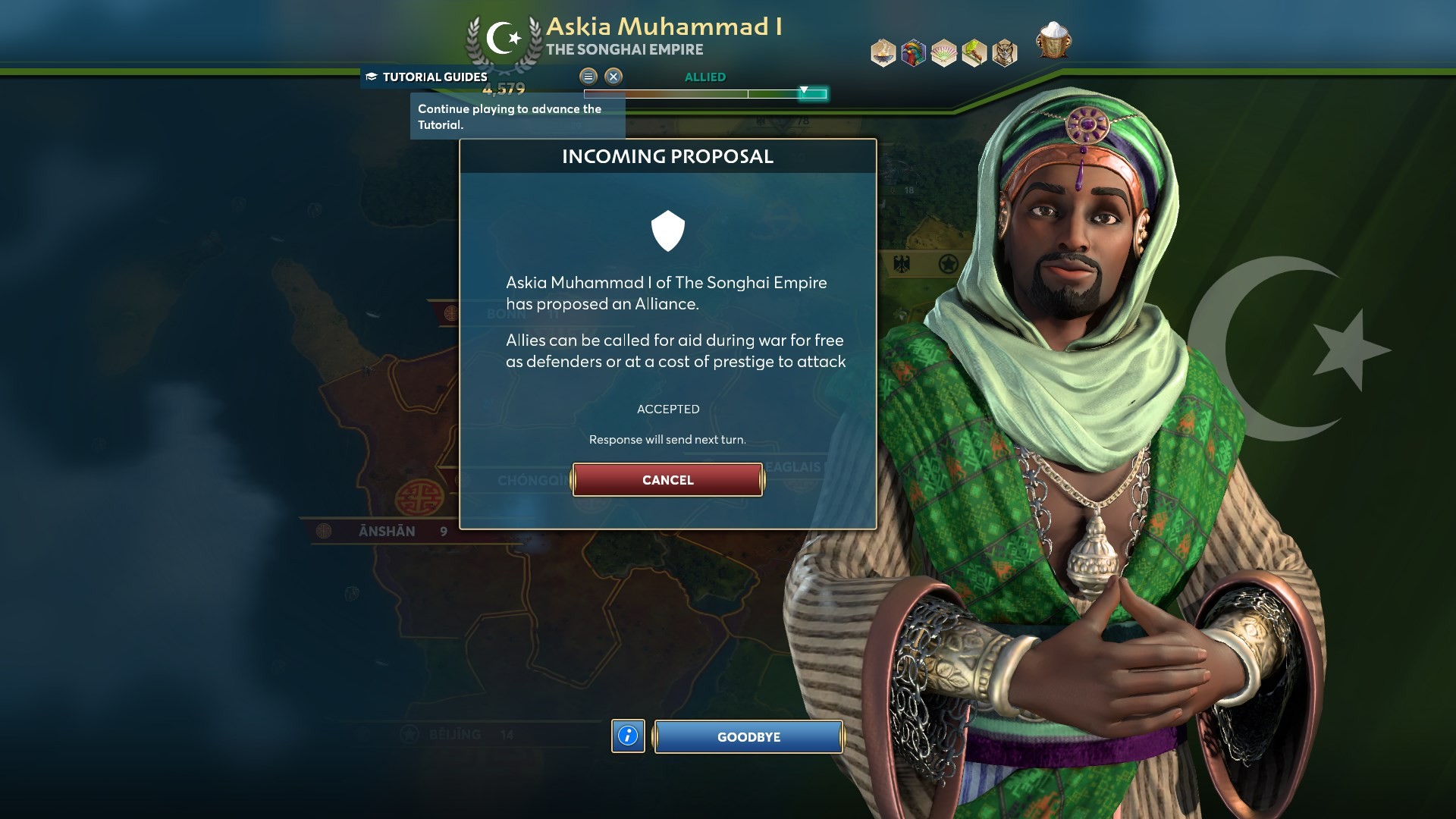 Ara History Untold review: Askia Muhammad I proposes an alliance. A text box explains: Allies can be called for aid during war for free as a defender or at a cost of prestige to attack.