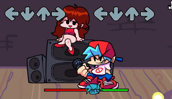 Best free PC games: Friday Night Funkin'. Image shows boyfriend singing to impress Girlfriend.