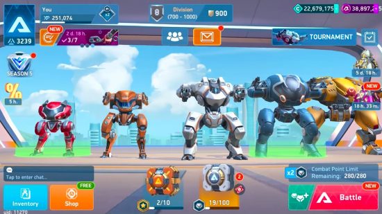 Best free PC games: Mech Arena. Image shows an image of five robots standing in a row.