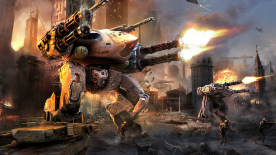 Best free PC games: War Robots. Image shows robots fighting each other in the street.