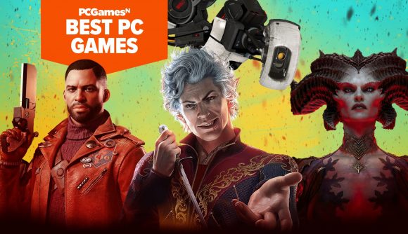 The best PC games to try right now: deathloop, baldur's gate 3, portal 2, and diablo 4 characters on a blue and yellow gradient