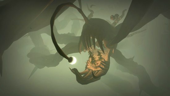 Best space games: A forest in a rock formation that looks like an angler fish in The Outer Wilds.