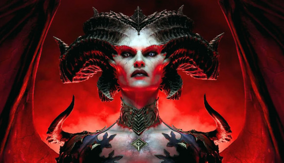 Diablo 4 free trial: An upper-body shot of Lilith gazing down menacingly at the camera with her wings outstretched.