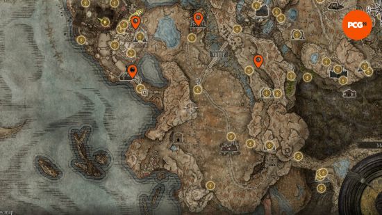 Elden Ring Revered Spirit Ashes: the Gravesite Plain Revered Spirit Ashes locations pinned on a map.