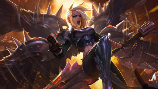 Linkin Park are doing the 2024 League of Legends Worlds song: A blond woman with a side-shaved head, huge white, spiked wings, and a tight black leather outfit holding a microphone rocking out