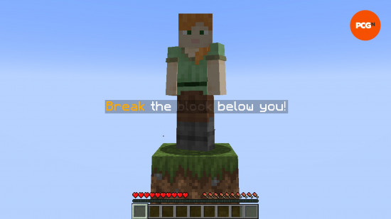 A Minecraft character stands atop a single block in the sky in Oneblock, one of the best Minecraft mods.