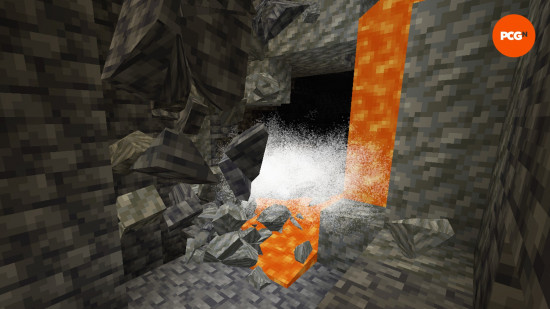 Blocks crumble to the ground in Physics Mod, one of the best Minecraft mods.