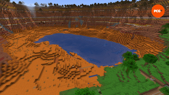 A large lake in the middle of a red desert in one of the best Minecraft seeds.