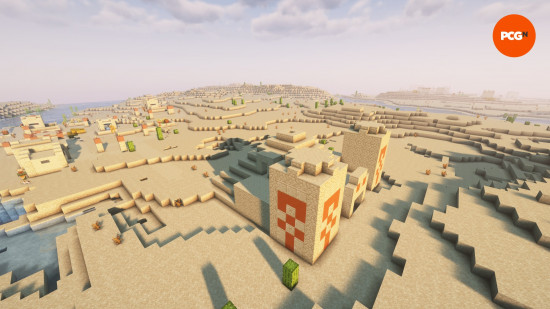 The sun sets over two villages and a desert temple in one of the best Minecraft seeds in 1.21.