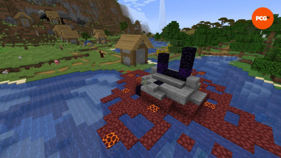 A Nether Portal next to a village in one of the best Minecraft seeds in 1.21.