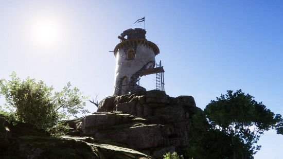 New survival sim Project Castaway unleashes your inner Tom Hanks: A ruined windmill stands on a tower of rock.