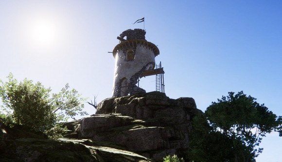 New survival sim Project Castaway unleashes your inner Tom Hanks: A ruined windmill stands on a tower of rock.