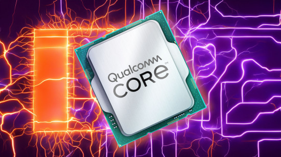 Qualcomm branded Intel Core CPU mockup with purple and orange background