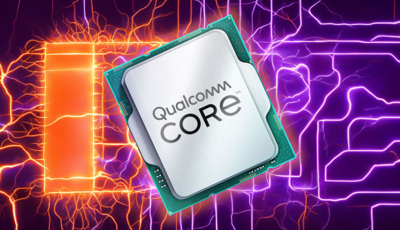 Qualcomm branded Intel Core CPU mockup with purple and orange background