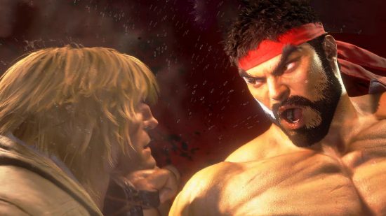 Ryu getting ready to rise as he landing an uppercut directly under Ken's chin