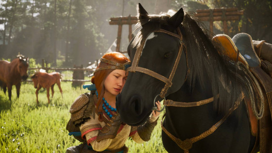 New RPG Windstorm refines the best part of Red Dead Redemption 2: A red-haired woman in Mongol clothing leans her head on a black horse as others graze behind her